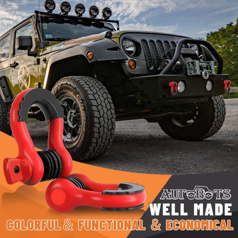 AUTOBOTS Bow Shackles 3/4" D Ring Shackle (2 Pack), 48,000Ib Break Strength with 7/8" Pin, 2 Isolator and 4 Washers Kit for Offroad Vehicle Truck Recovery Red - Image 4